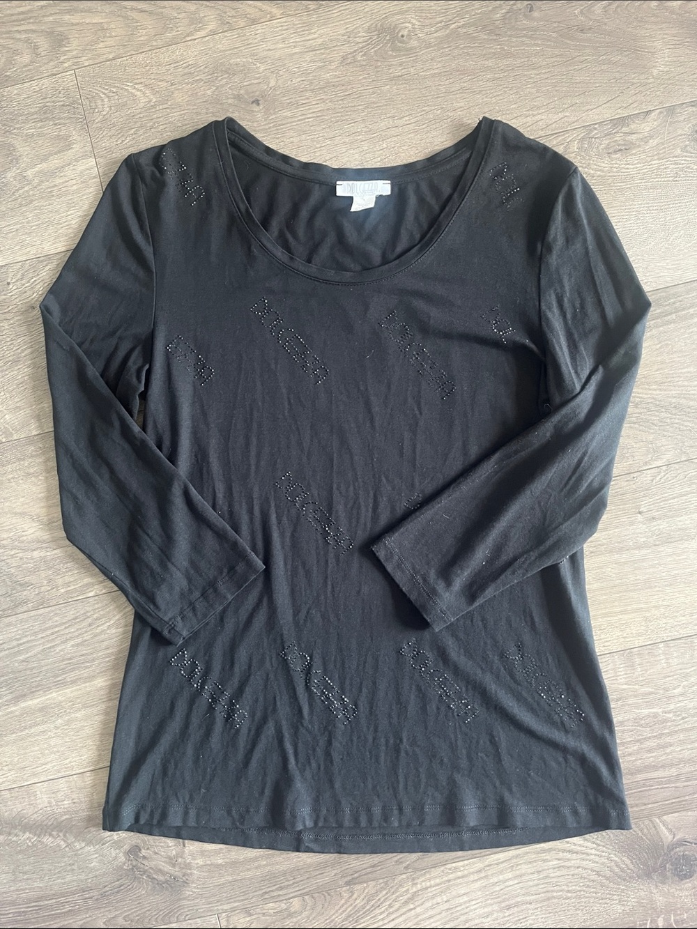 Dolcezza Black Logo Women's Scoop Neck 3/4 Sleeve Top